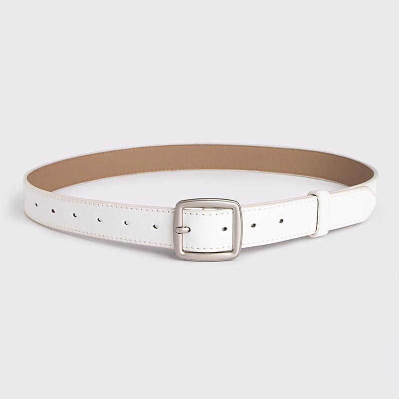 Color Solid Simple Womens Leather Look Belt With Geometric Design Buckle Metal