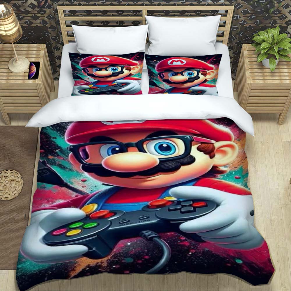 Comfortable Bedding Set, 3D Cartoon Mario Three-piece Set, Including Duvet Cover and Pillowcases.