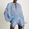 Women's Long Sleeve Shiny Chiffon Two Piece Mini Dress Tie Neck Ruched Waist Irregular Ruffle Skirt With Shorts Liner