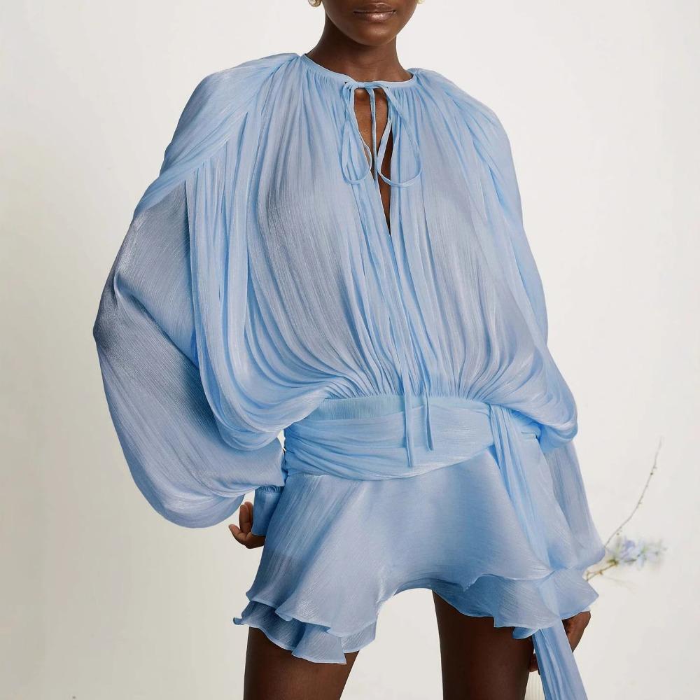 Women's Long Sleeve Shiny Chiffon Two Piece Mini Dress Tie Neck Ruched Waist Irregular Ruffle Skirt With Shorts Liner