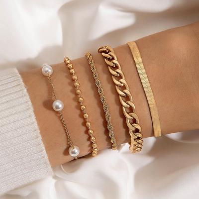 European and American New Models, Fashionable Personalized Metal Multi-layer Bracelet Wind Geometric Chain Imitation Pearl Bracelet Five-piece Set