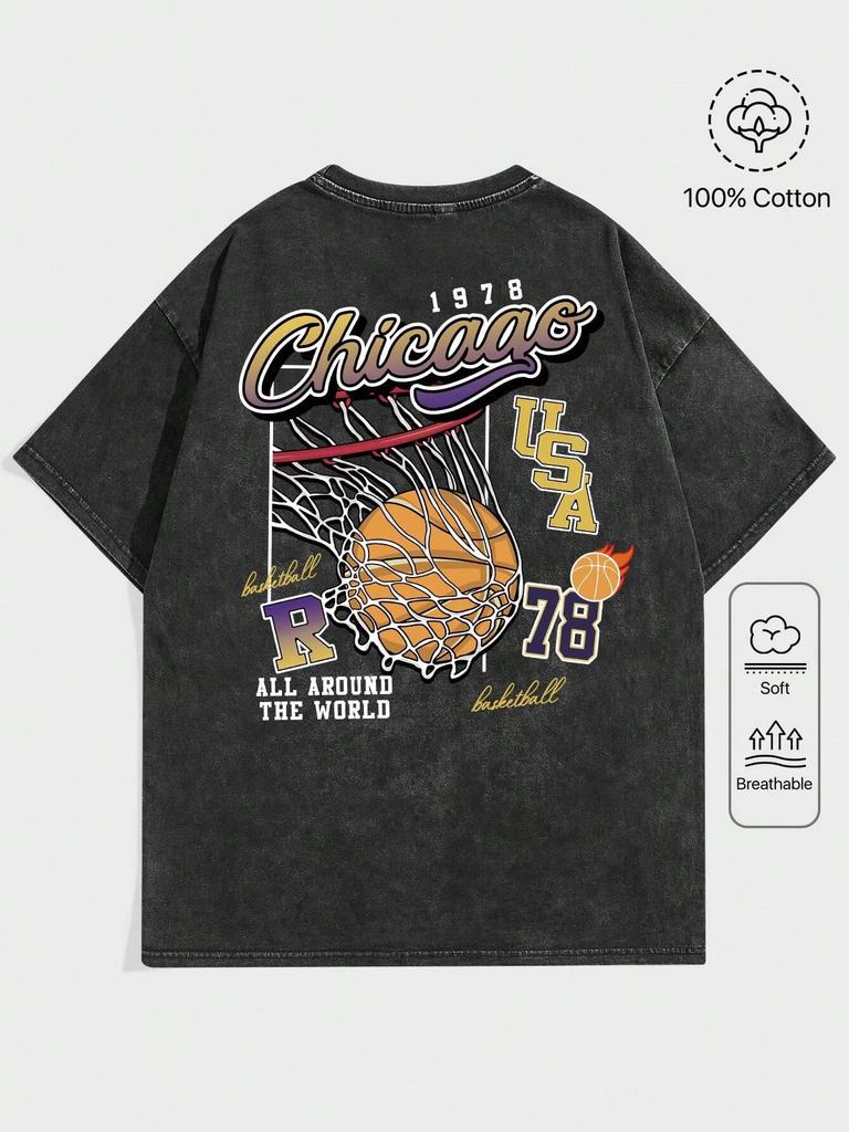 Women Casual Cotton Washed TShirt Chicago USA Basketball Printing Tops Fashion Oneck Tee Short Oversize Street Female Clothing