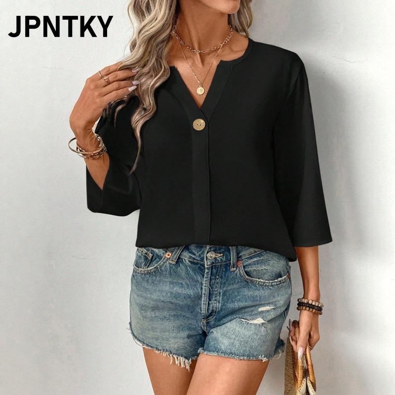 JPNTKY Women's Fashion Casual Solid Color Print V-Neck 3/4 Sleeves Blouses & Shirts