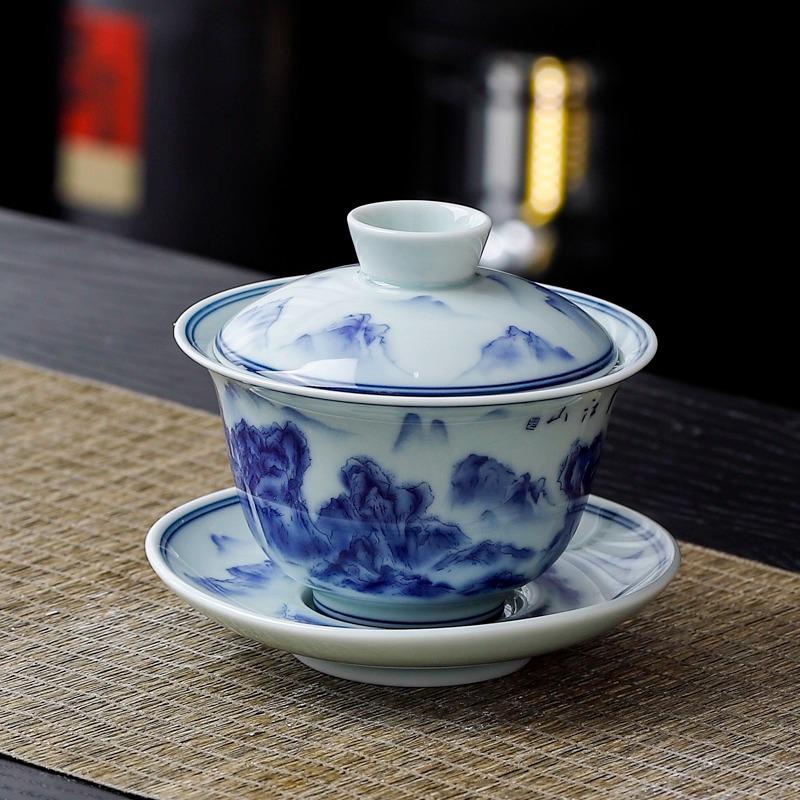 Large Blue & White Retro Sancai Gaiwan Ceramic Tea Cup with Infuser - Kung Fu Tea Set