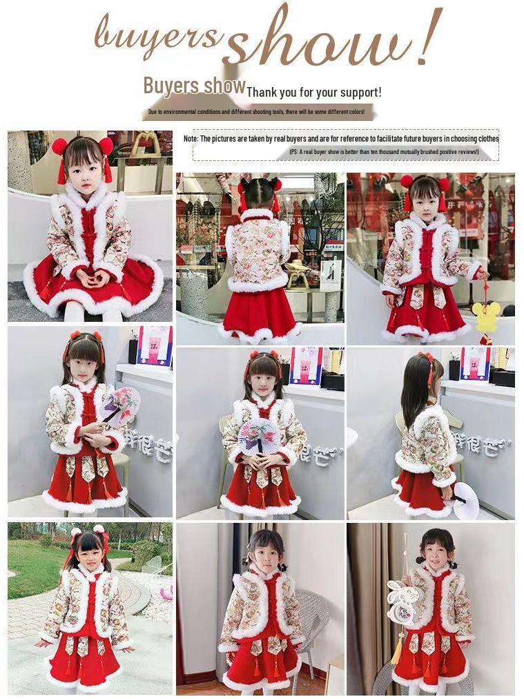 Girls' Winter New Year Hanfu: Fleece-lined Chinese Style Tang Suit for Toddlers and Children.