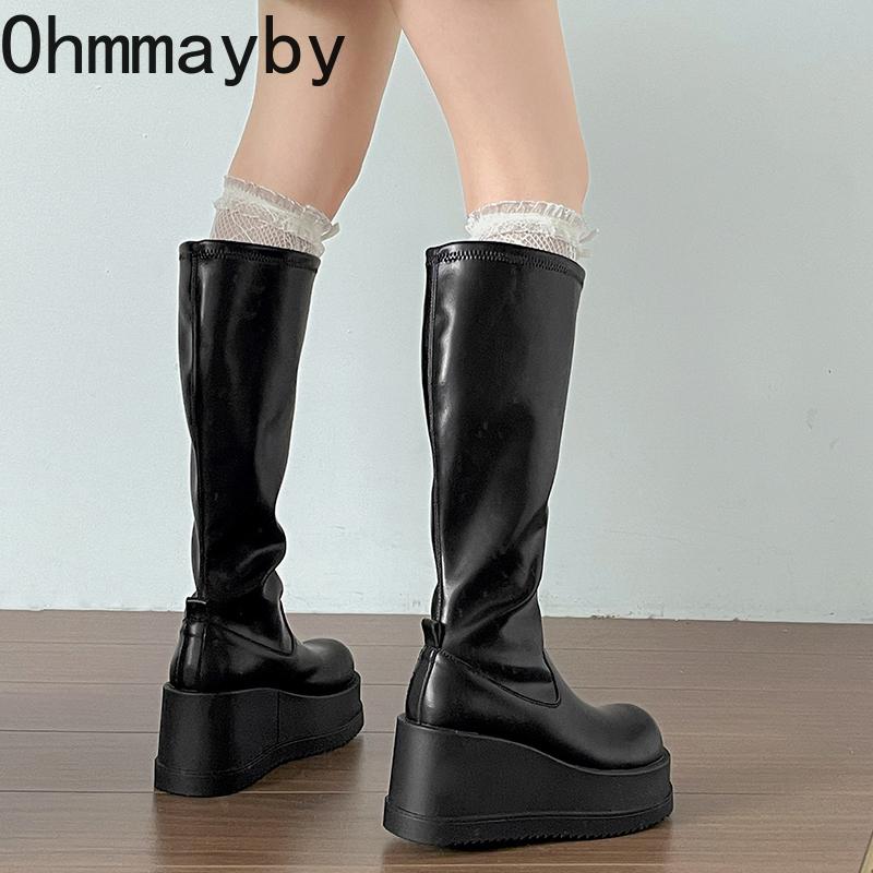 Winter Platform Wedges Heel Women Knee High Boots Fashion Back Zippers Shoes Cosy Soft Leather Long Booties