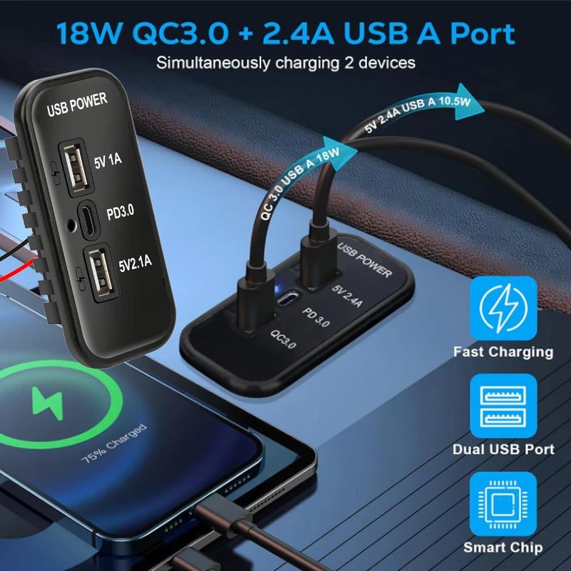 12V USB Outlet, PD3.0 Type C Port, QC3.0 & 2.4A USB A Charger 3 Ports Fast Charging Socket Panel for Car Motorcycle Marine Truck