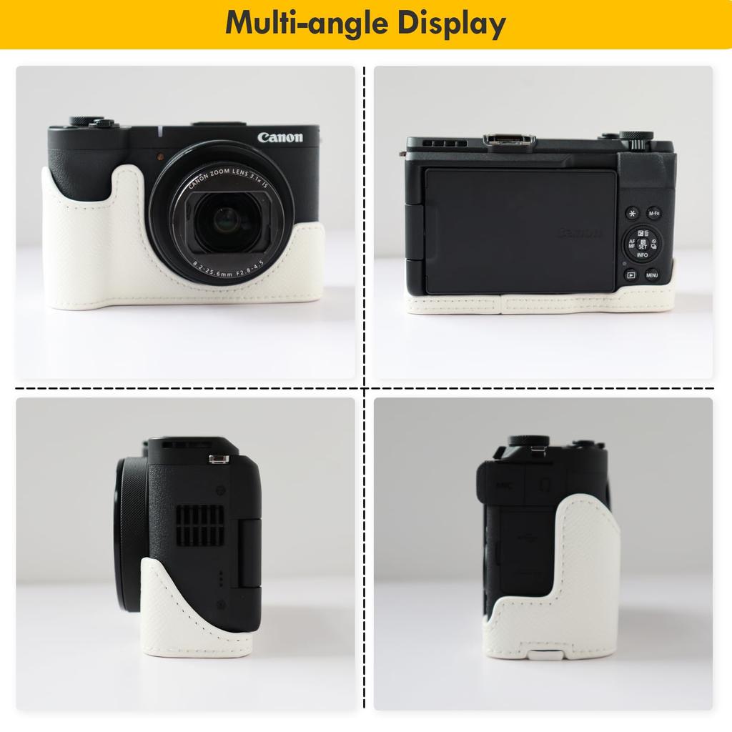 Rieibi Camera Case for Canon PowerShot PU Leather Half Case for Canon PowerShot White Not V1, V1, (Camera Included)