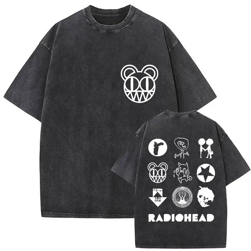 Vintage Washed Radiohead Tour  Print T Shirts Men Women Hip Hop Loose Pop British Rock Short Sleeve Tshirt Punk Streetwear