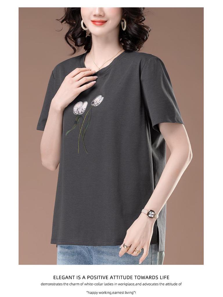 Sommer Damen Übergröße Casual Rundhals T-Shirt - Modisch Kurzarm für Mütter mittleren Alters