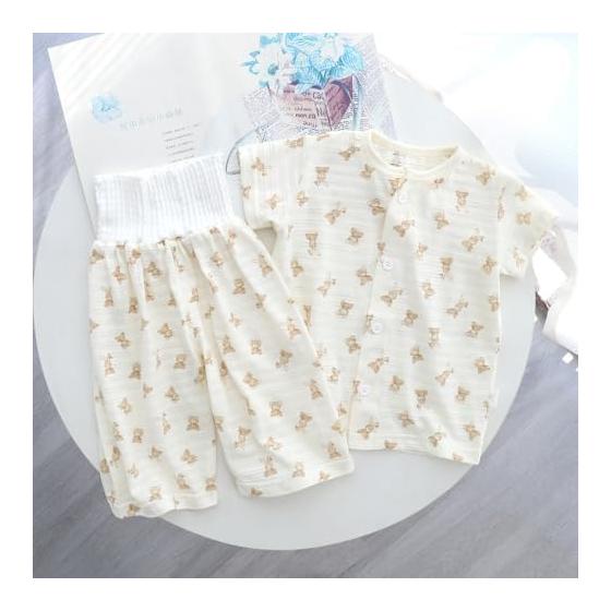 Baby Clothes Pajamas Summer Clothes Thin Cotton Belly Band Top and Bottom 2 Piece Set Open Front Short Sleeve Girls Boys Children's Clothes Mesh