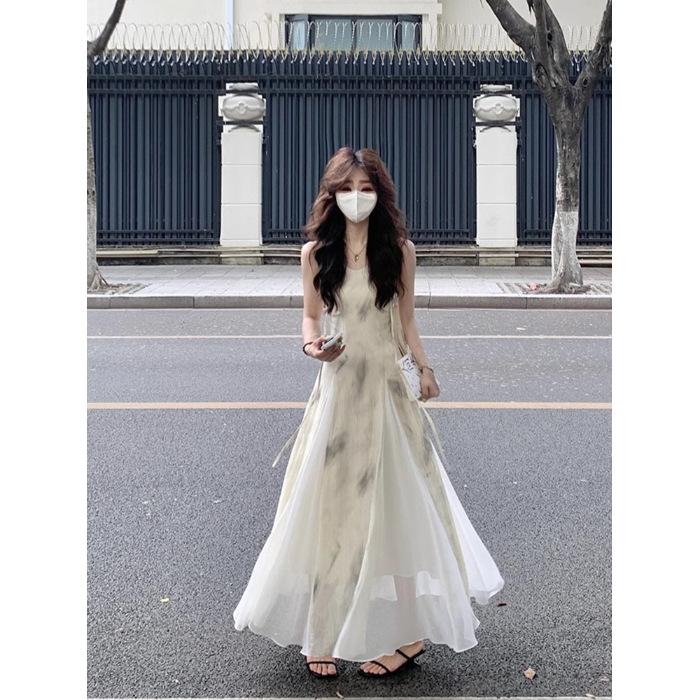 

[Original practice] Retro ink printing suspender dress women s summer waist and thin big swing skirt A word length S