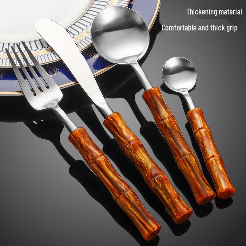 Bamboo Handle Stainless Steel Cutlery Set: Steak Knife, Fork & Dessert Spoon in Gift Box.
