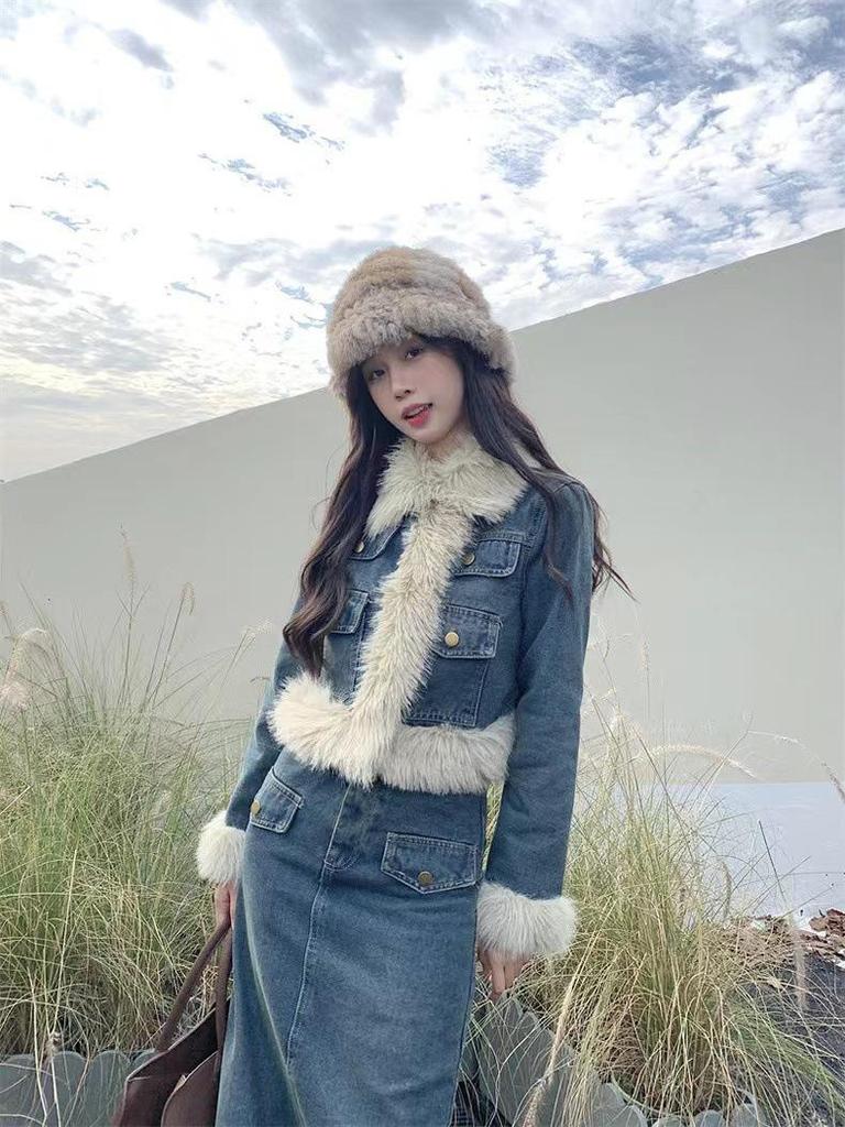 Korean Drama Inspired Retro Denim Fluffy Coat & Long Skirt Two-Piece Set