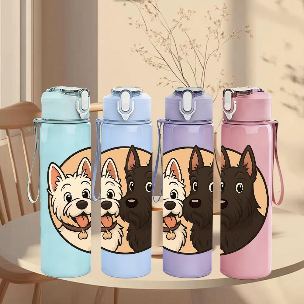 1PC Dog Couple Portrait Frame Print 750ml Color Plastic Sports Water Bottle Leakproof Flip Straw Lid Suitable for Sports Office Home Use