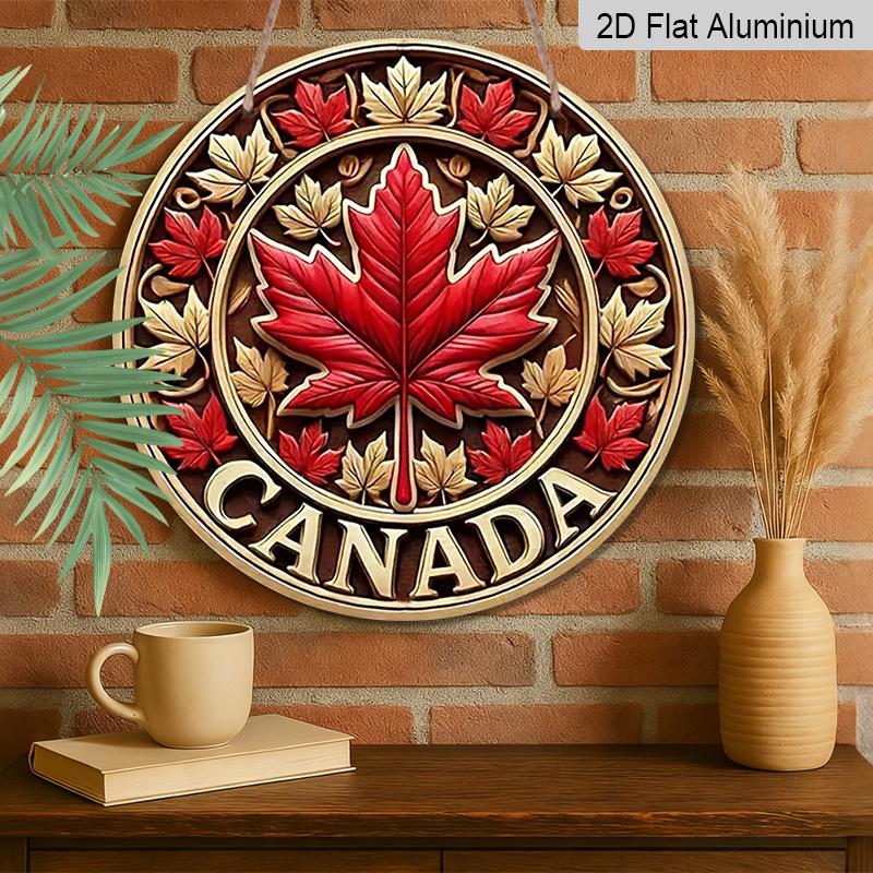 2D Flat Printed, 1pc Round Aluminum Canada Maple Leaf Sign, Retro Metal Wall Art, Vintage Style, Waterproof & Durable, Easy to Install, Perfect for