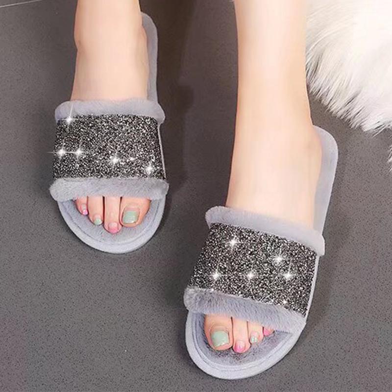 Fashion Fashion Bling Cotton Slippers for Women Open Toe Slip On Fur Slippers Woman Autumn Winter Faux Fur Indoor Flats Fur Slides Mujer