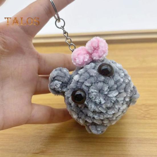 Sad Hamster Plush Keychain Sound Handmade Crochet Doll Keyring with Bow Emotional Charm Hanging Ornament Wallet Backpack Car Keys Accessory