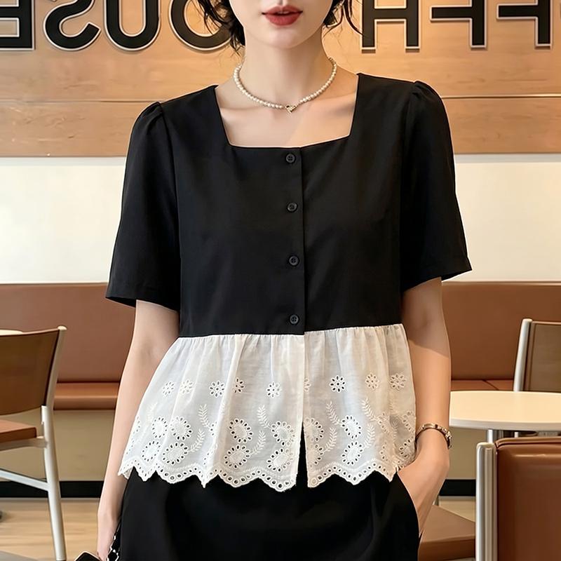 ZANZEA Women Casual Square Collar Short Sleeve Lace Crochet Splice Blouse M