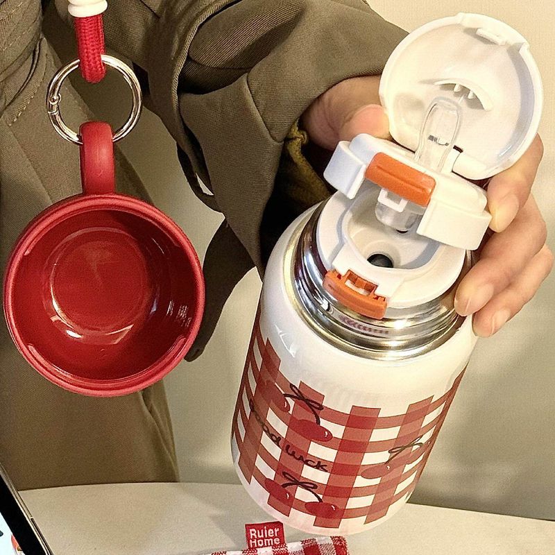 Student Cute Large Capacity Vacuum Cup Girl Good-looking Water Cup with Straw 316 Stainless Steel Double Drink Cup Satchel