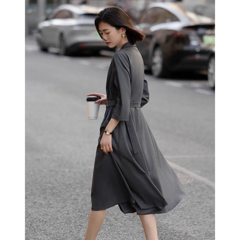 Demana Women's Shawl Collar Double-Breasted A-Line Dress