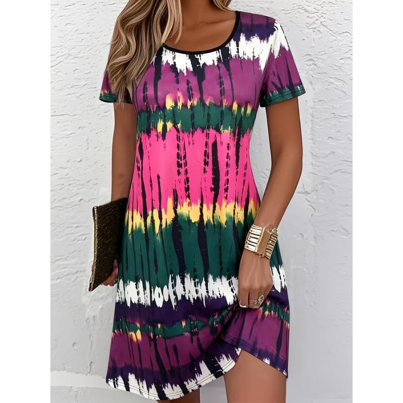 Women s Casual Printed Breathable Round Neck Short-sleeved T-shirt Skirt, Elegant Resort Style A-line Skirt S