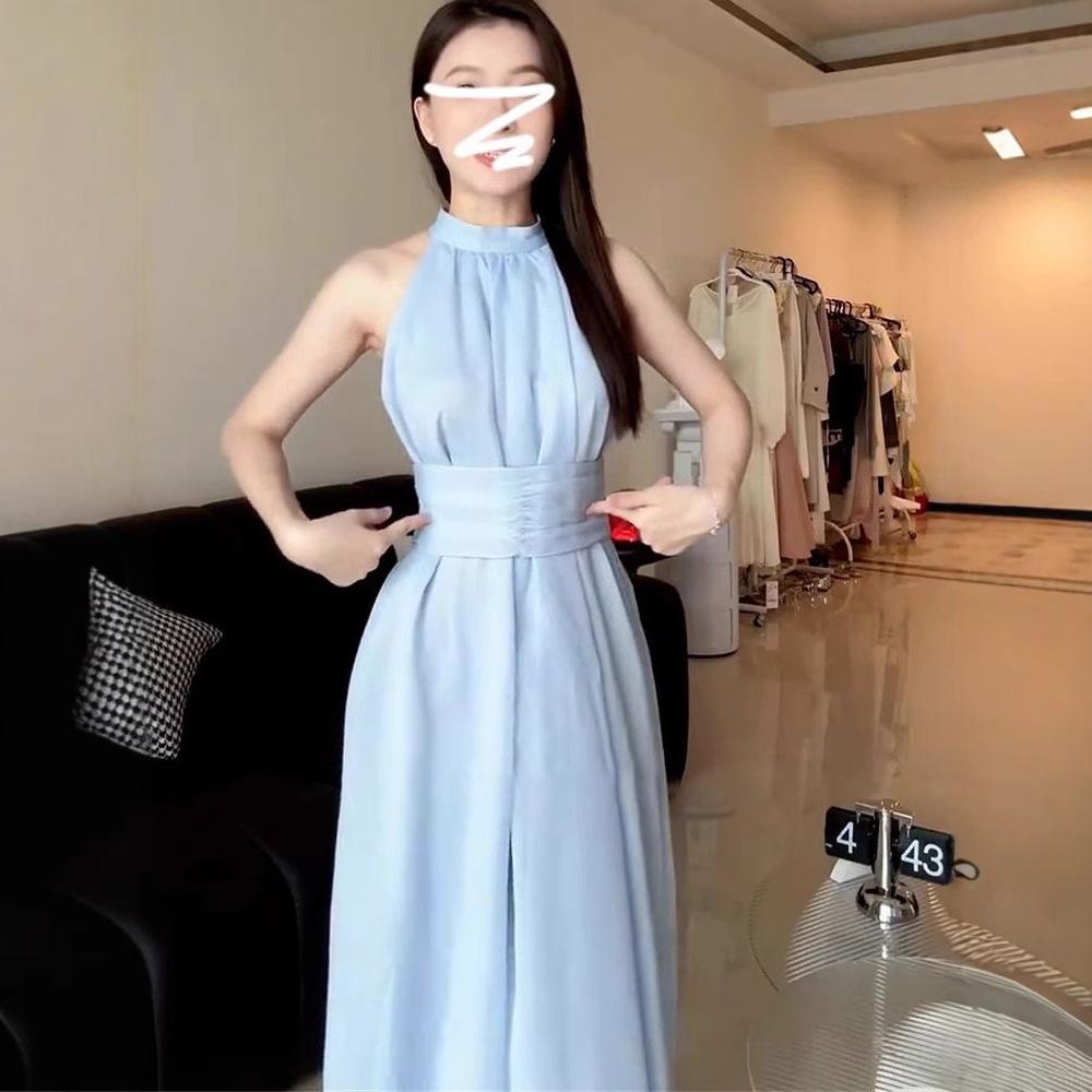 French blue neck sling dress children s summer new seaside vacation waist beach dress S синий