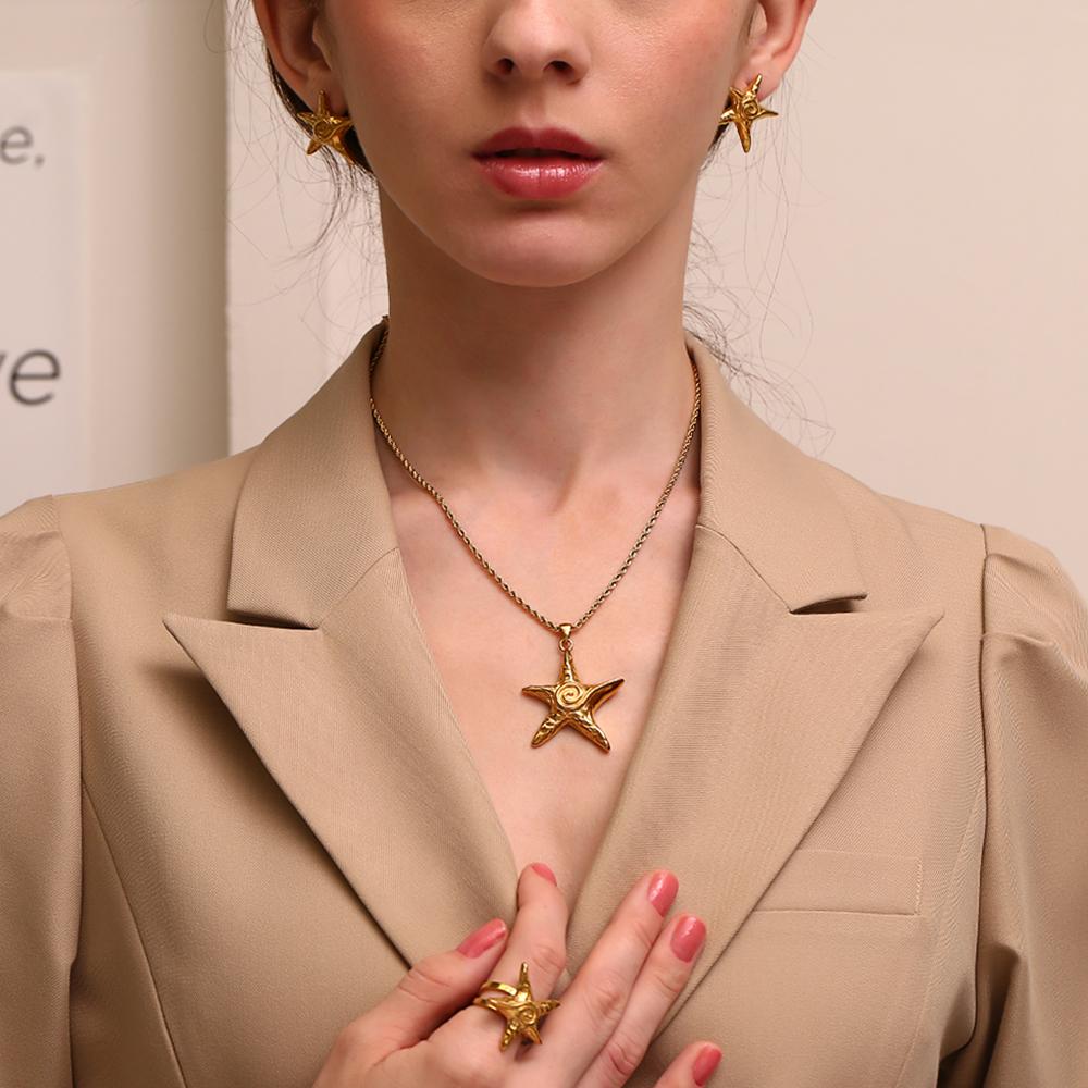 MamacitaSlay 316L Stainless Steel Swirl Starfish Pendant Necklace Waterproof 18K Gold Plated Neck Jewelry Women's Elegant Gift