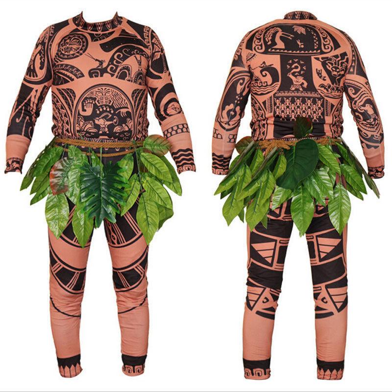 Fun And Stylish Halloween Adult Mens Moana Maui Tattoo T Shirt Pants Cosplay Costume Shirt + Pant + Skirt,L