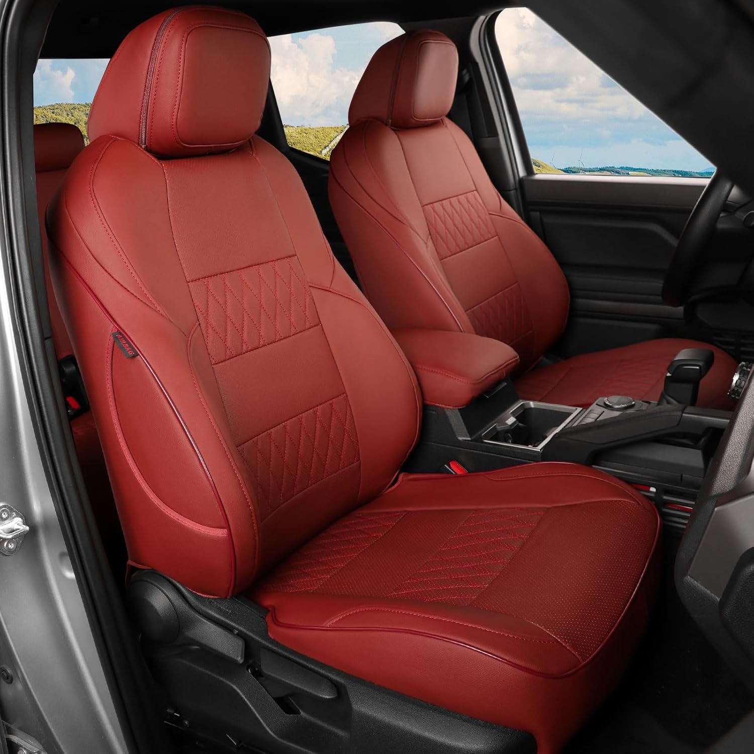 EKR Custom Fit Leather Car Seat Covers for Toyota Tacoma 2024 2025 2026 Double Cab/Crew Cab Full Set Full Surround Seat Covers винный