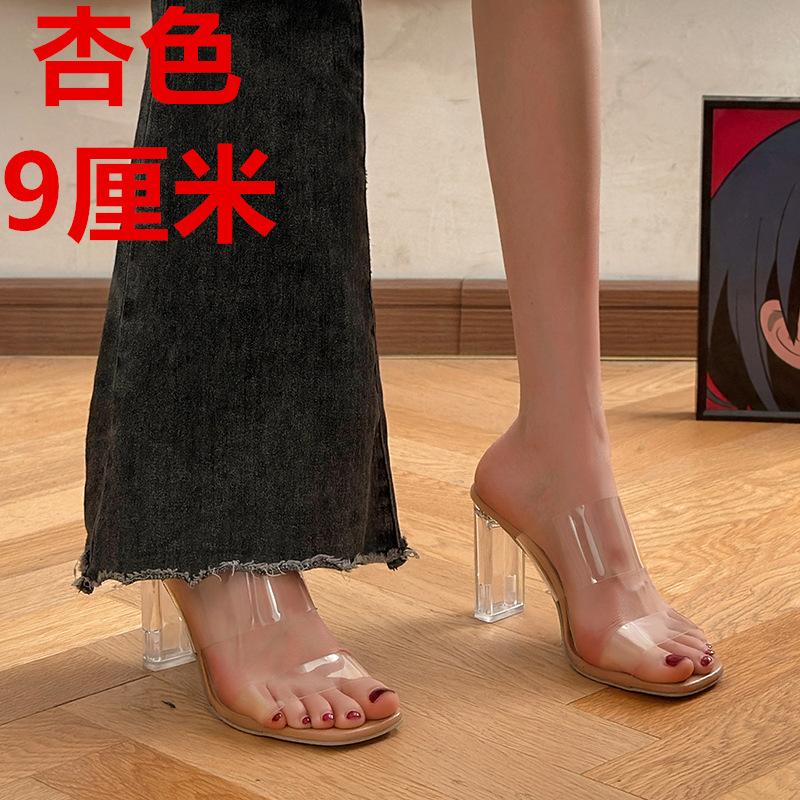 

Крутые шлепанцы на высоком каблуке женские новая мода ремешок через подъем сексуальные полушлепанцы прозрачные уличные шлепанцы 41