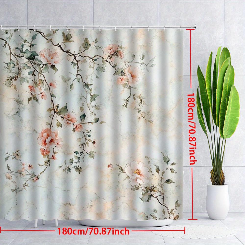 1-teiliger Duschvorhang mit pastellfarbenem Blumenmuster – zartrosa und pfirsichfarbene Blüten, grüne Blätter, Polyester, maschinenwaschbar