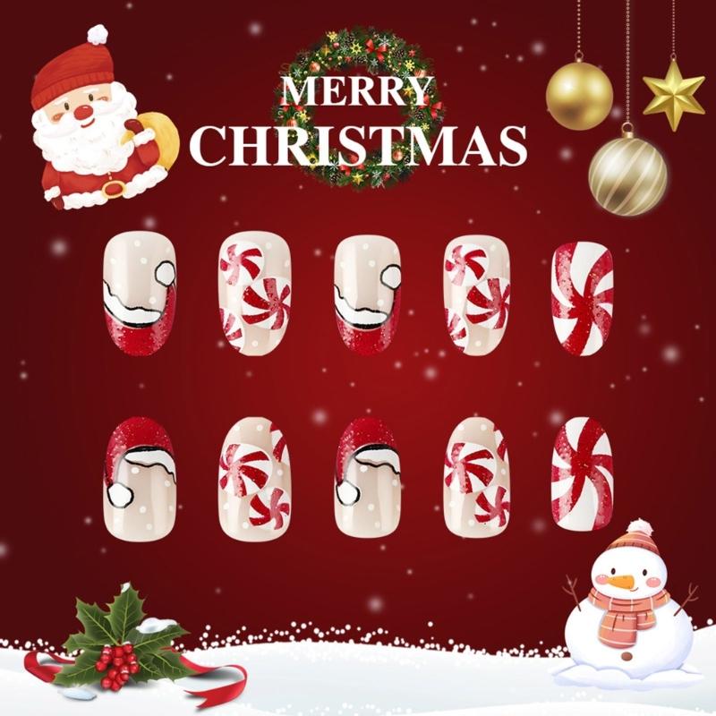24Pcs Christmas Press On Nail Snowflake Design Full Cover Acrylic False Nail Stick on Nail Women’s Nail Accessories