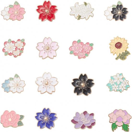 Fashewelry 16pcs Flower Enamel Brooch Pins Set Cherry Blossom Lapel Pins Cute Floral Alloy Badge Pins for DIY Backpacks Clothes Bags Jackets Hat