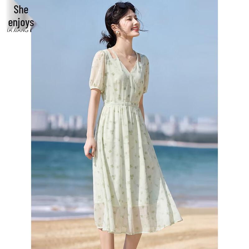 Elegant Floral Hollow-Out Twist Knit Chiffon Midi Dress
