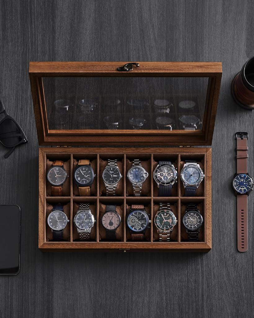 SONGMICS Watch 12 Kolekcja zegarków z drewna z przezroczystym akcesorium do zegarka Prezent na urodziny i dzień JOW120K01 Etui, części, przechowywanie, etui,