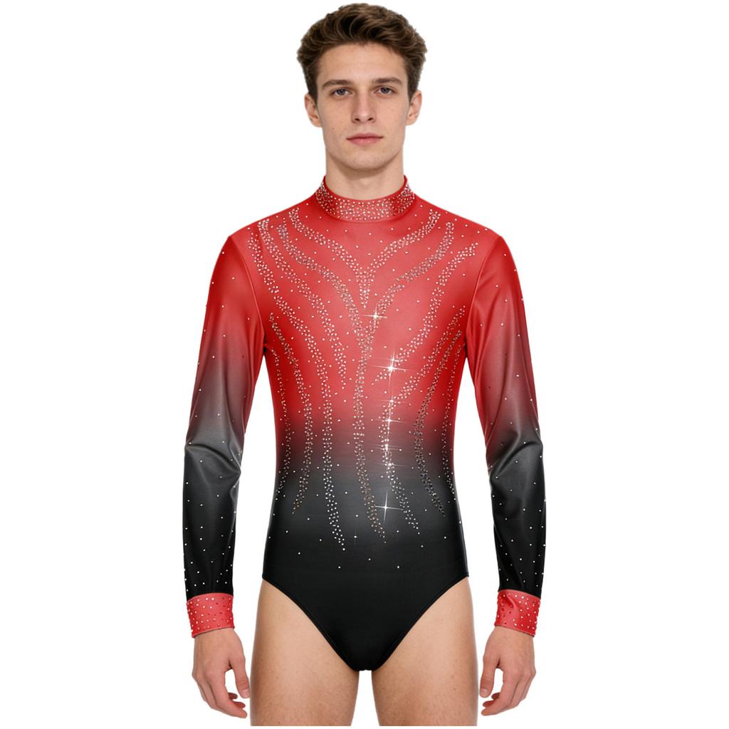 Mens Figure Skating Bodysuit Gradient Color Rhinestones Mock Neck Long Back Zipper One Piece Leotard