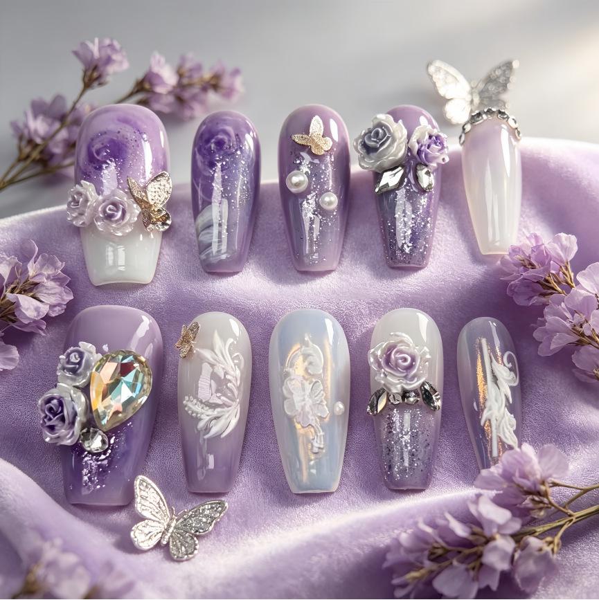 Rose Butterfly Camellia Rhyme Purple Nails: Handmade Gradient Art with Aurora and Crushed Diamonds