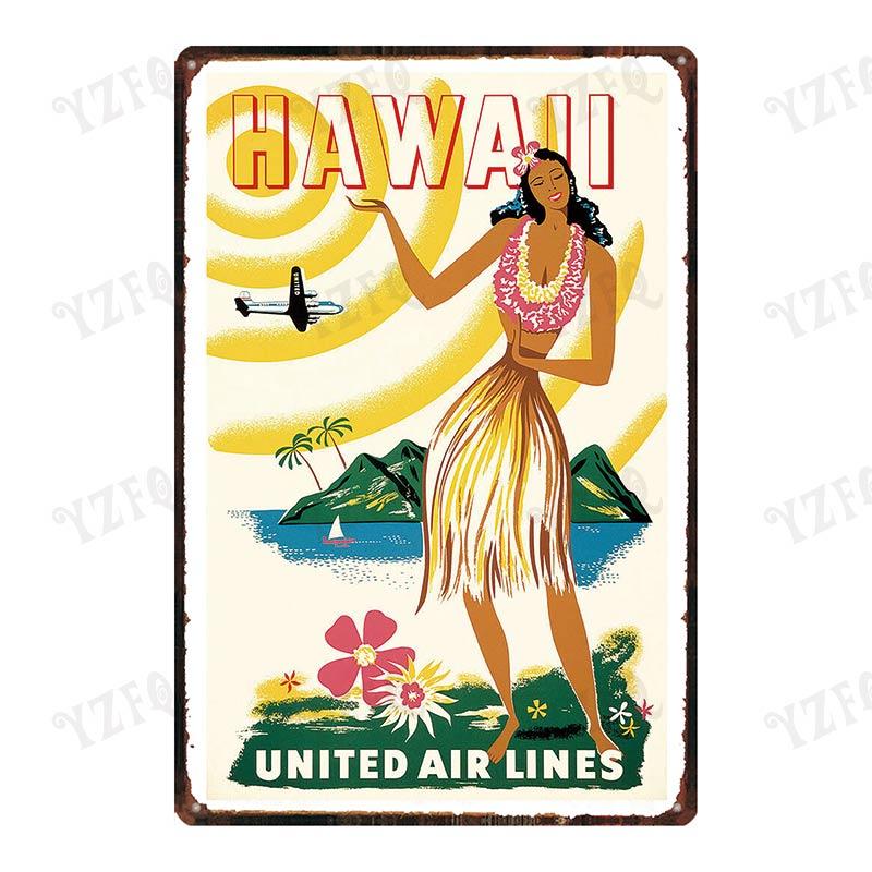 

Vintage Hawaii City Painting with Hula Dancers Metal Travel Tin Sign for Wall Decor in Pubs Cafes and Homes Beach Metal Pla 20x30cm