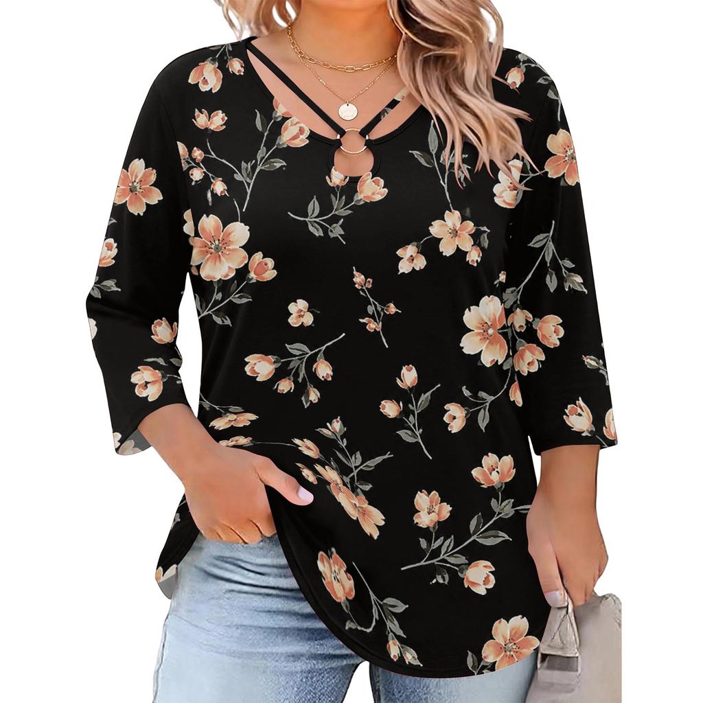 Blusa Floral Feminina Plus Size com Manga Três Quartos, Blusa Casual, Túnica de Corte Amplo para Primavera Verão, Uso Diário, Trabalho e Saídas