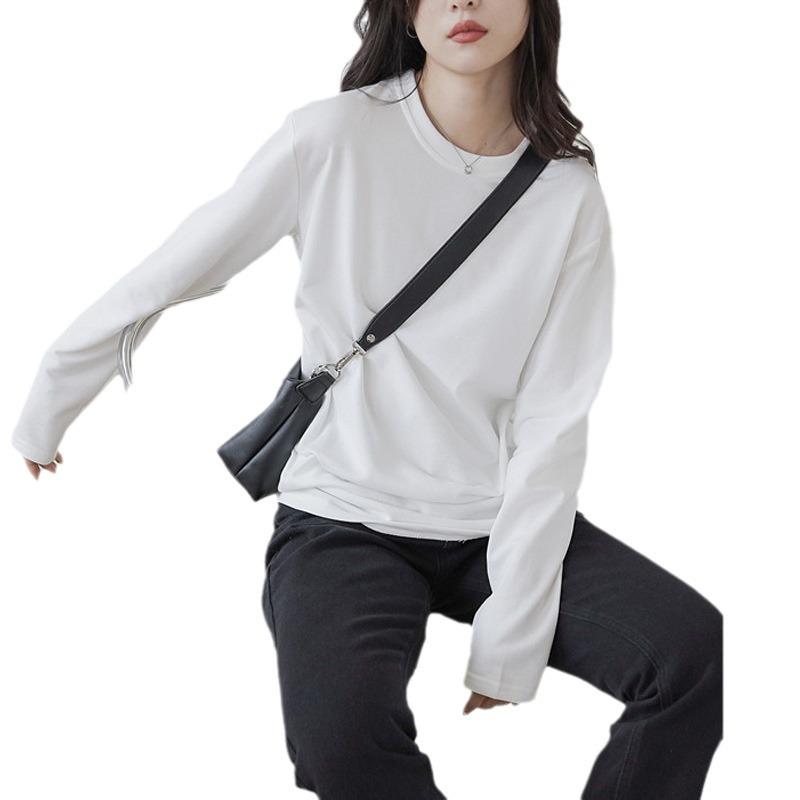 230g Women's Heavyweight Long Sleeve Solid Color Round Neck Cotton T-Shirt