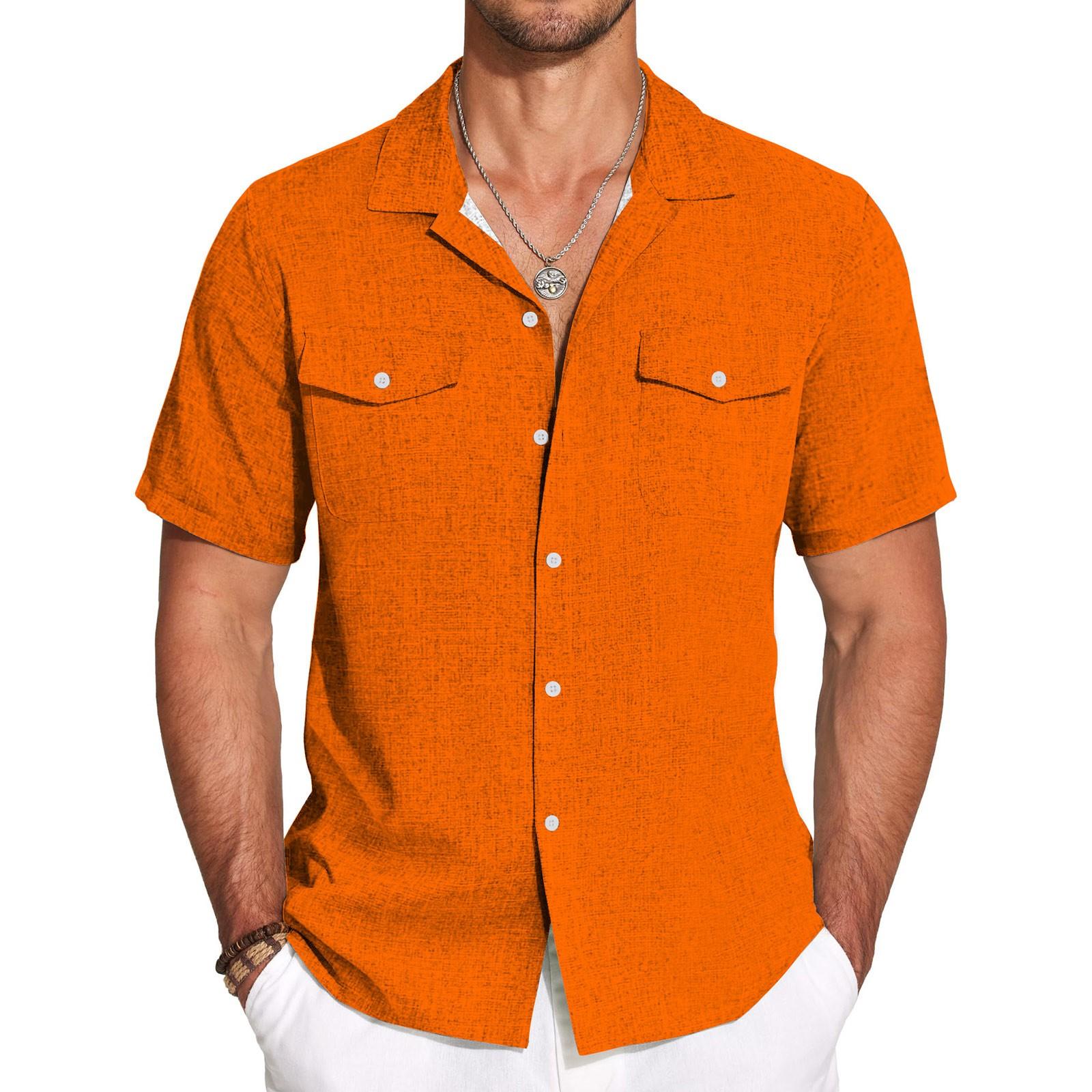 

Мужская однотонная повседневная рубашка с кубинским воротником и короткими рукавами из искусственного хлопка и льна, мужская большая рубашка XXXXL оранжевый