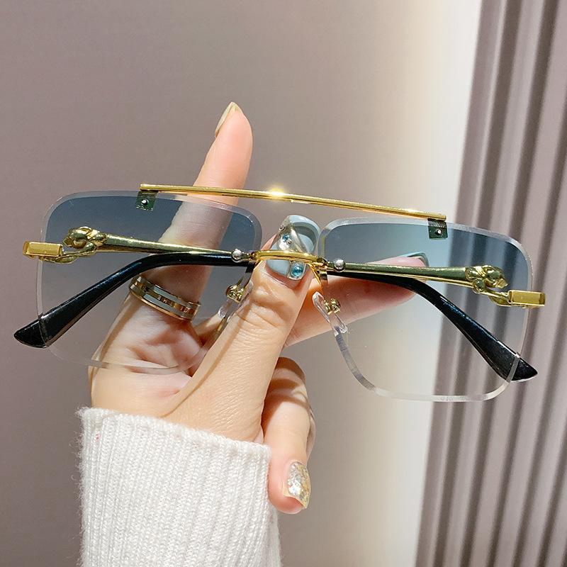 Rimless Square Pilot Sunglasses Women For Men Fashion Vintage Luxury Brand Designer Sun Glasses Punk Metal Gold Leopard Shades