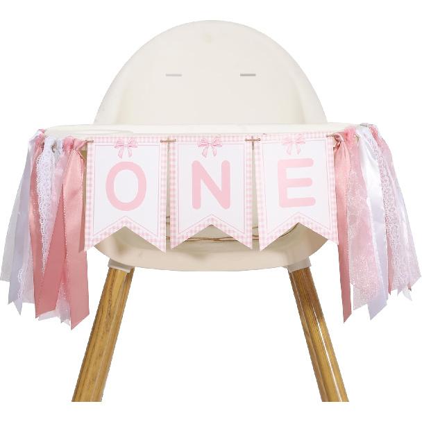 Pink Bow One High Chair Banner - One High Chair Bow Banner, Birthday Decoration, Ribbon Girl 1st Birthday