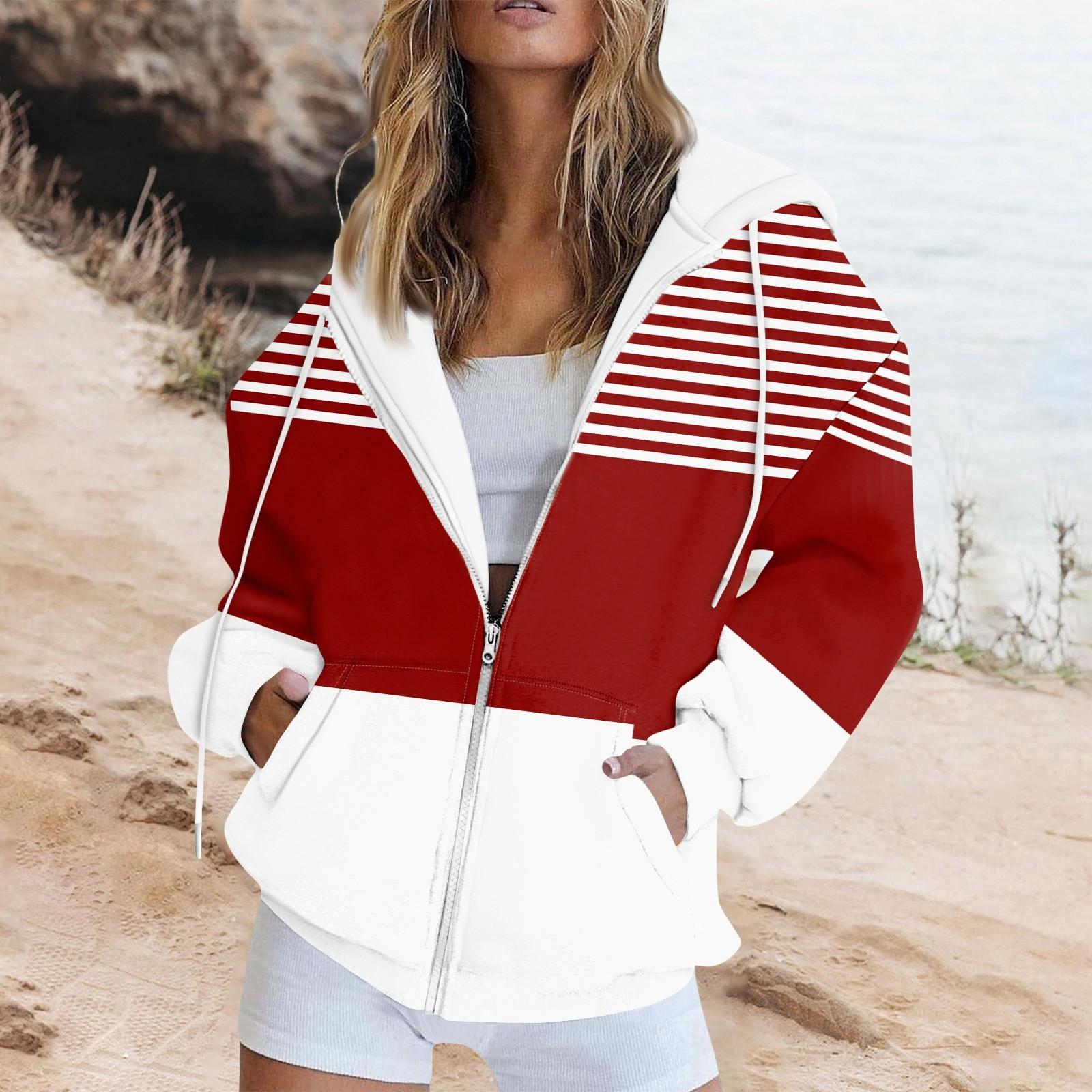 Women s Long Sleeve Stripe Print Sweatshirt Long Sleeve Pocket Jacket Zipper Hoodie Coat XL красный