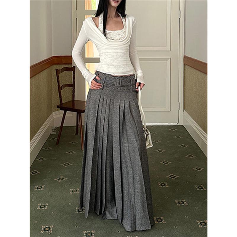 Korean Vintage Gray Pleated A-Line Midi Skirt