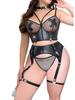 New American Sweet Girl Plus Size Sexy Black Pu Leather Fishing Net Perspective Women Rompers Three-Point Fashion Bodysuits 0E1J