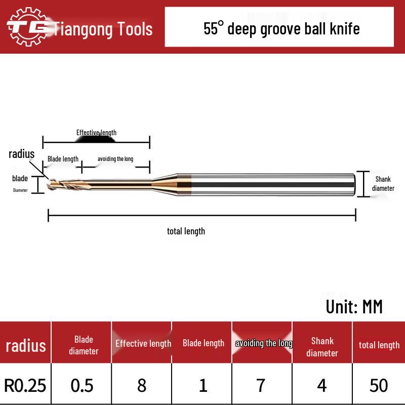 Tiangong Wolframová ocel R0.5 Kulová fréza 0.75 Legovaný krček, 2břitá, 55° Potažená, Prodloužená Hluboká drážka 1, 1.25