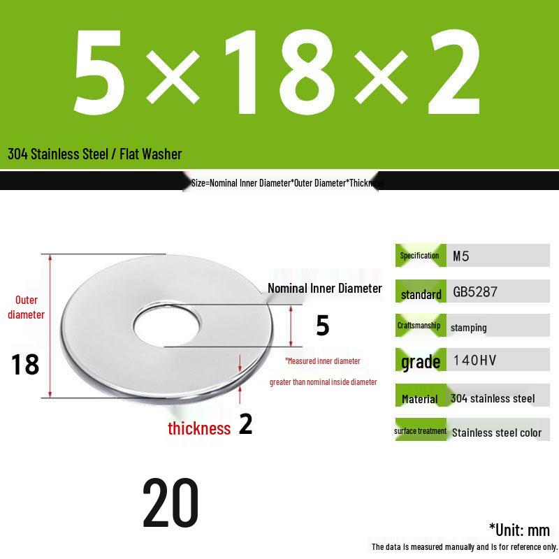 304 Stainless Steel Thickened Flat Washer Set, Sizes 2-36
