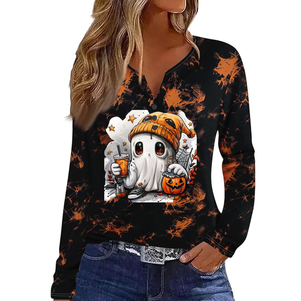 Women's Casual Long Sleeve T-Shirt with Halloween Print V-Neck and Button